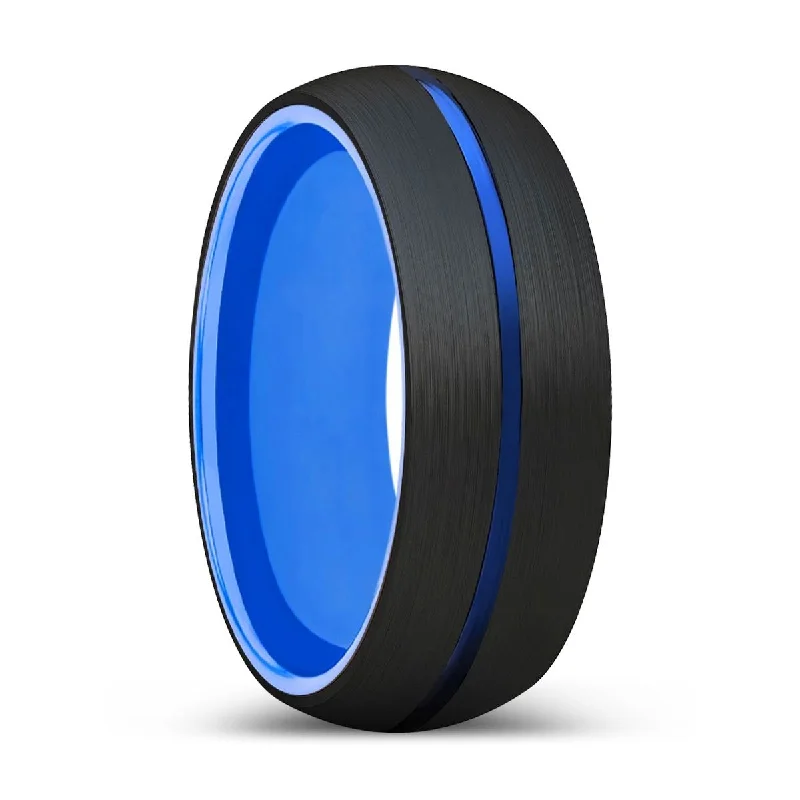 promise wedding rings for women-JOLT | Blue Ring, Black Tungsten Ring, Blue Groove, Domed