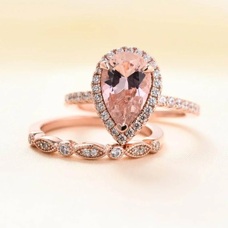 designer solitaire engagement rings-Rose Gold Halo 3.0ct Pear Cut Peachy Pink Stone Wedding Set