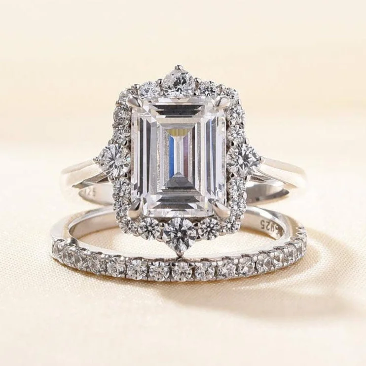 classic engagement rings with diamonds-Unique Halo Emerald Cut Wedding Ring Set