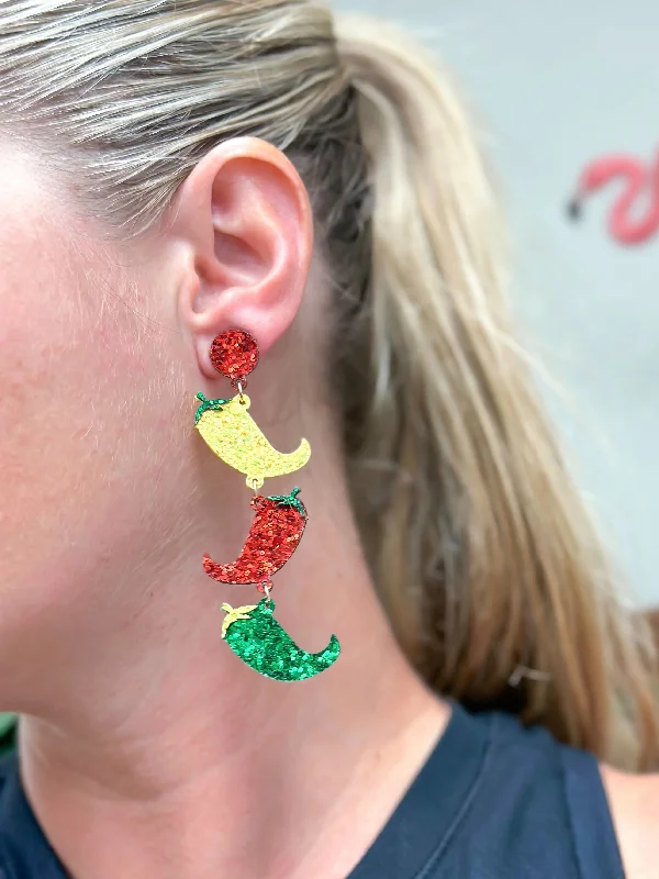 affordable earrings for women-Glitter Chili Pepper Dangle Earrings