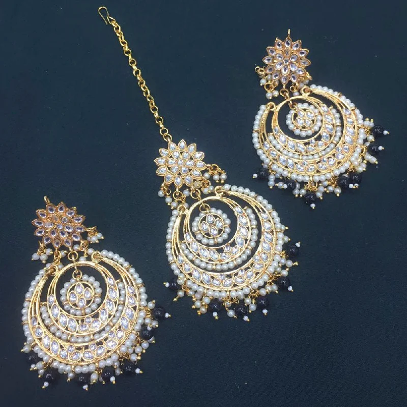 drop earrings for women-Sai Fashion Gold Plated Kundan And Beads Designer Dangler Earrings With Maang Tikka