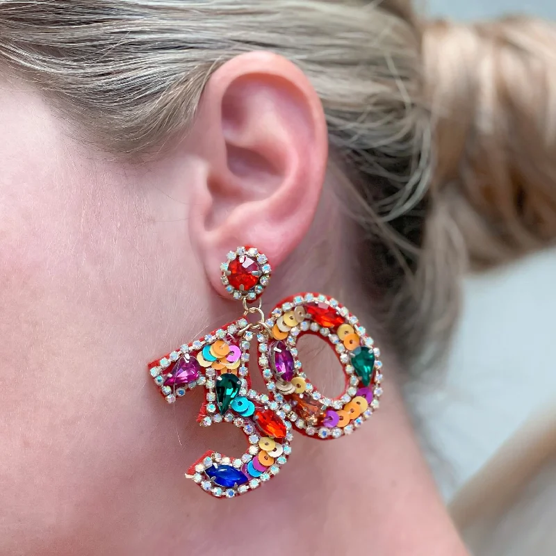 statement stud earrings for women-'30' Birthday Celebration Rhinestone Drop Earrings