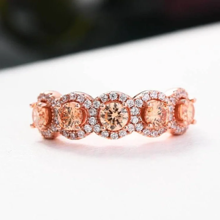 custom diamond engagement rings-Rose Gold Halo Five Stone Champagne Stone Ring