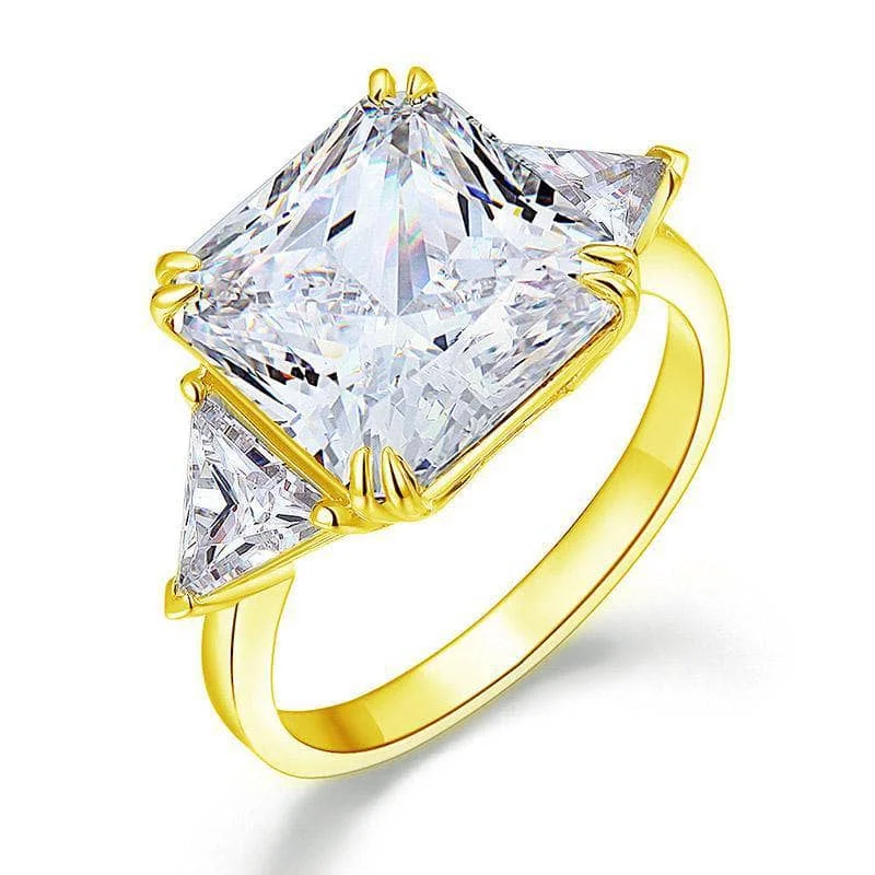 cushion engagement rings-Three-Stone Luxury Anniversary Ring 8 Carat Created Diamond Yellow Gold Plated