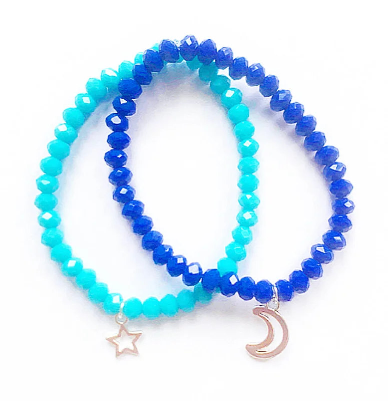 chic bangle bracelets for women-Moon and Star Stacking Blue Bracelets