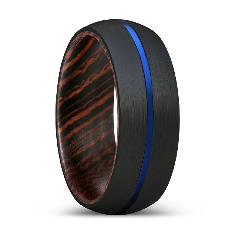 chic wedding bands for women-HUBS | Wenge Wood, Black Tungsten Ring, Blue Groove, Domed