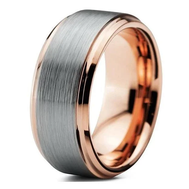 wedding rings for brides-18K Rose Gold Inlaid Tungsten Ring With Stepped Edges Brushed Finished Center - 10mm