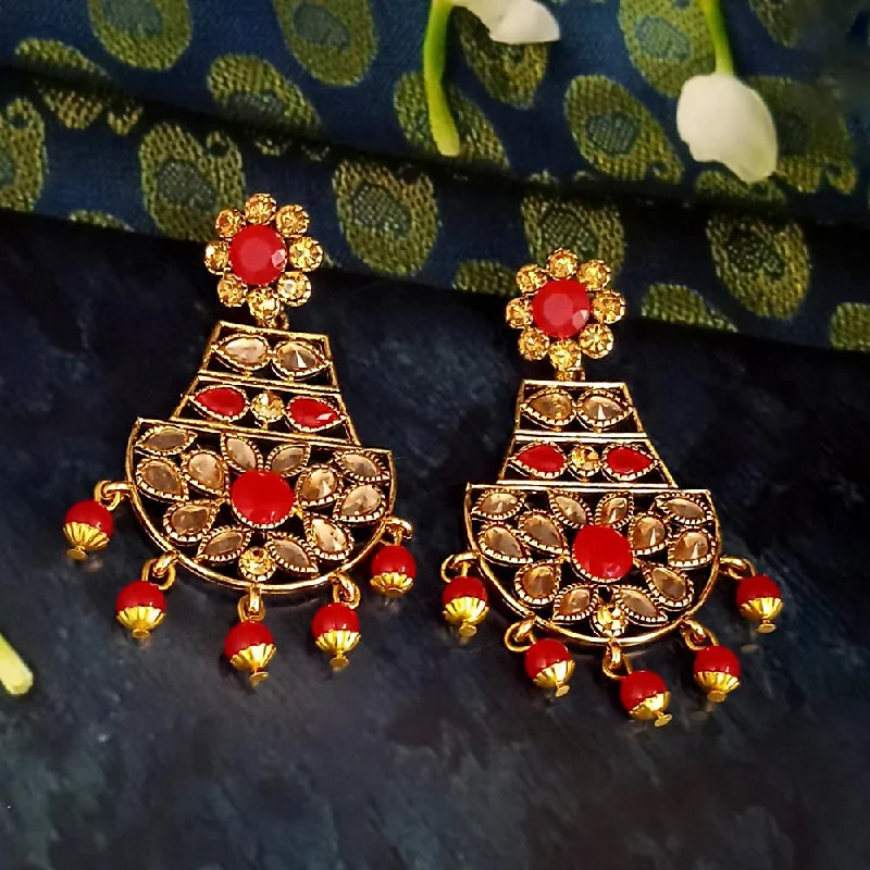 pearl earrings for women-JD Arts Antique Gold Plated Kundan Red Beads Dangler Earrings - 1317623B