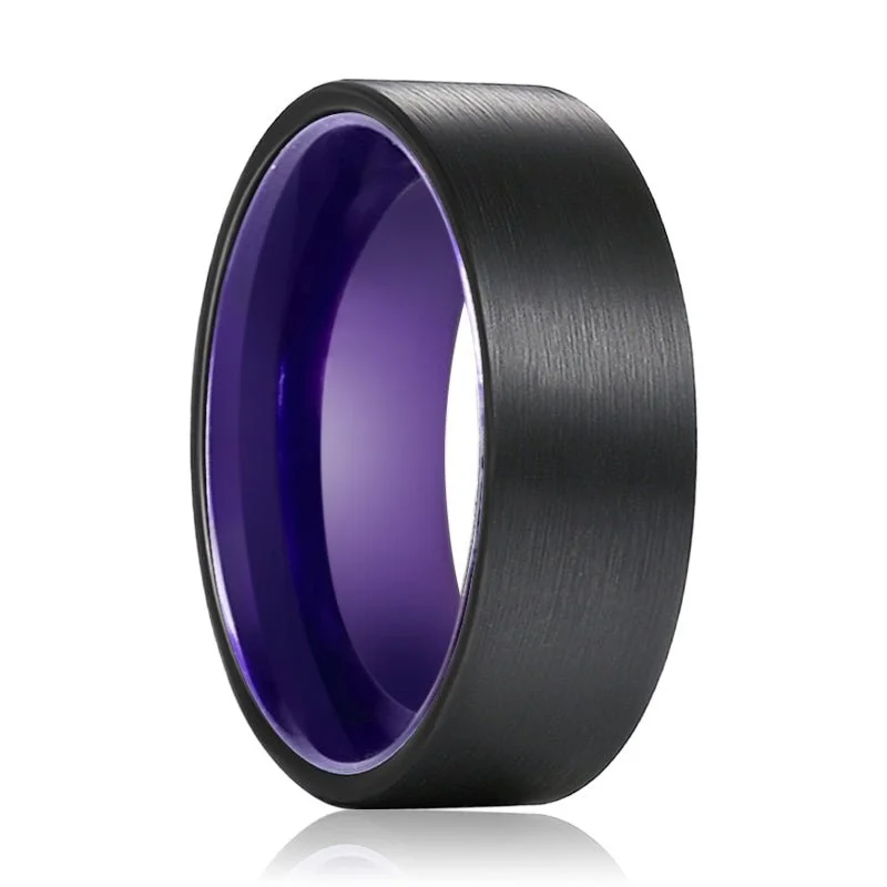 gold wedding bands for women-CROCUS | Purple Ring, Black Flat Brushed Tungsten Ring