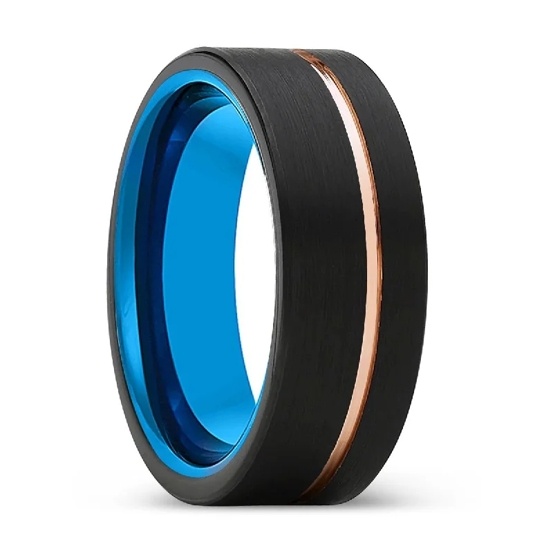 engagement rings with sapphire-THORN | Blue Tungsten Ring, Black Tungsten Ring, Rose Gold Offset Groove, Brushed, Flat