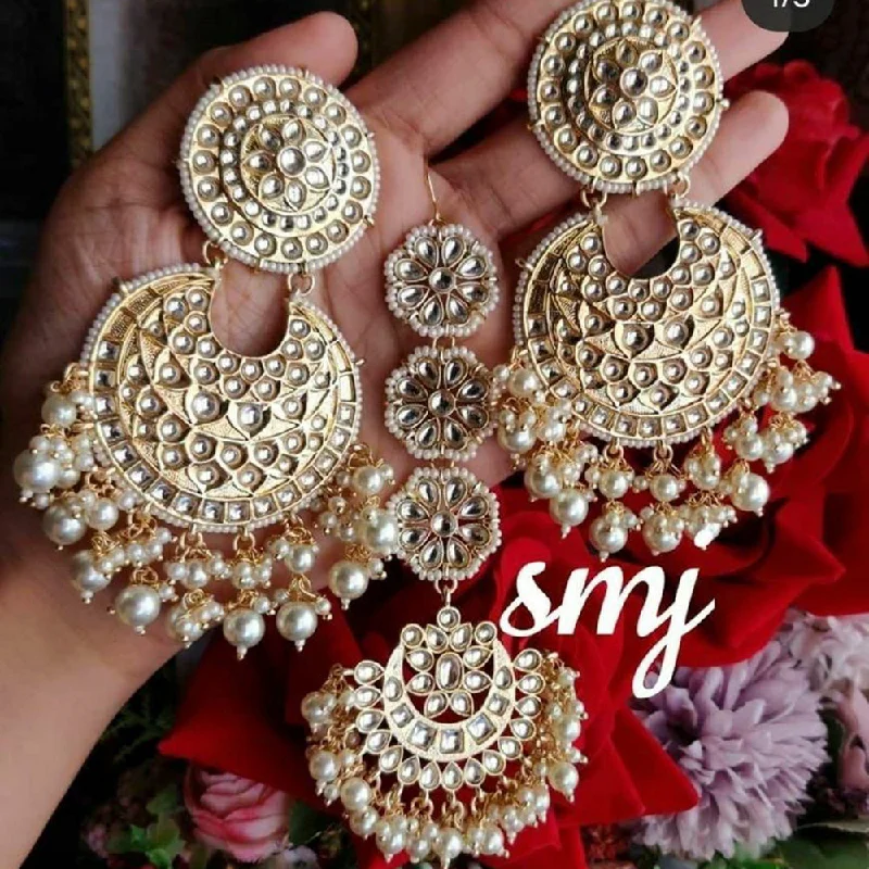 floral drop earrings for women-Sai Fashion Gold Plated Kundan And Pearl Designer Dangler Earrings With Maang Tikka