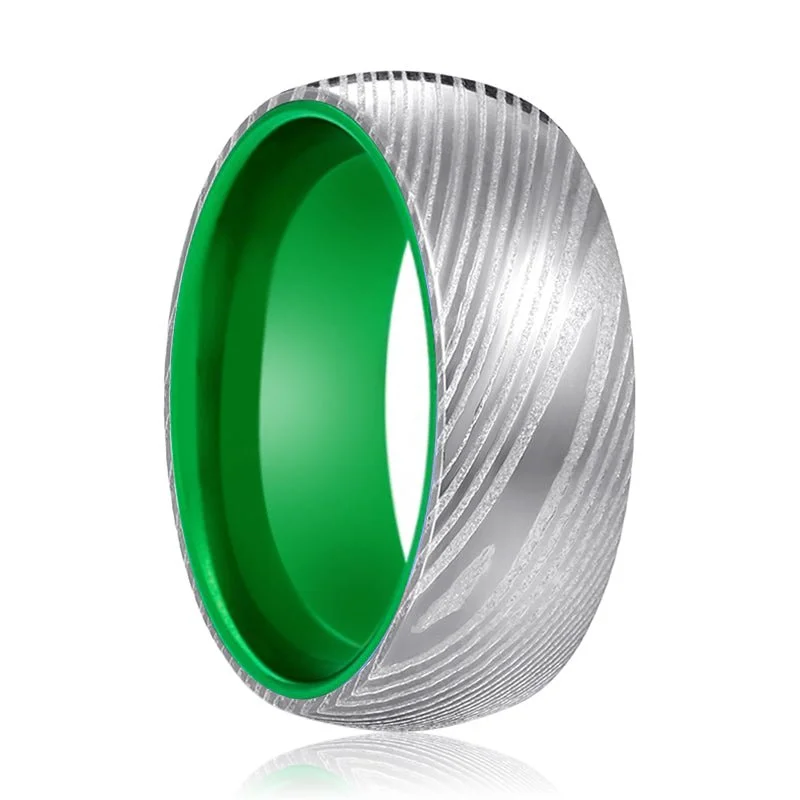 wedding bands for women-HULK | Green Ring, Silver Damascus Steel, Domed