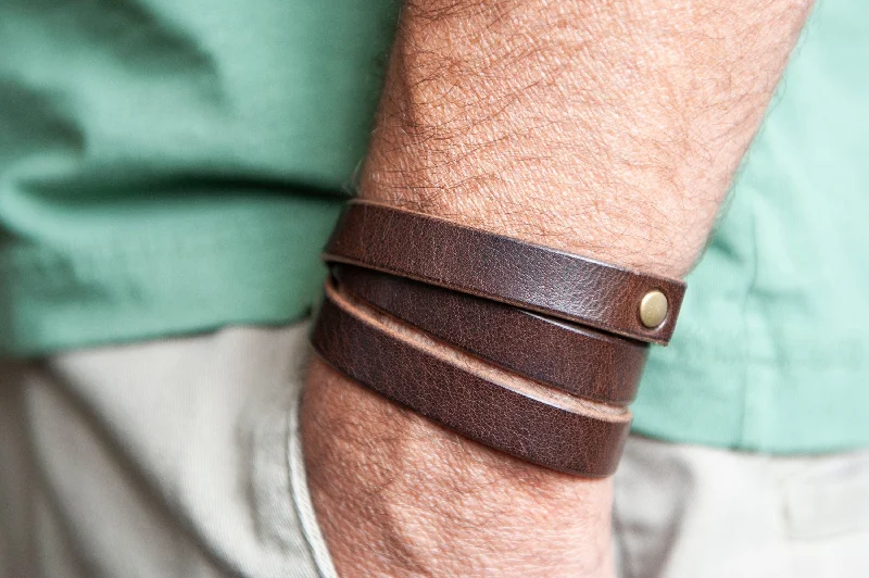 gemstone cuff bangles for women-Mens Leather Bracelet, Rustic Brown Wrap Band, Handmade Cuff