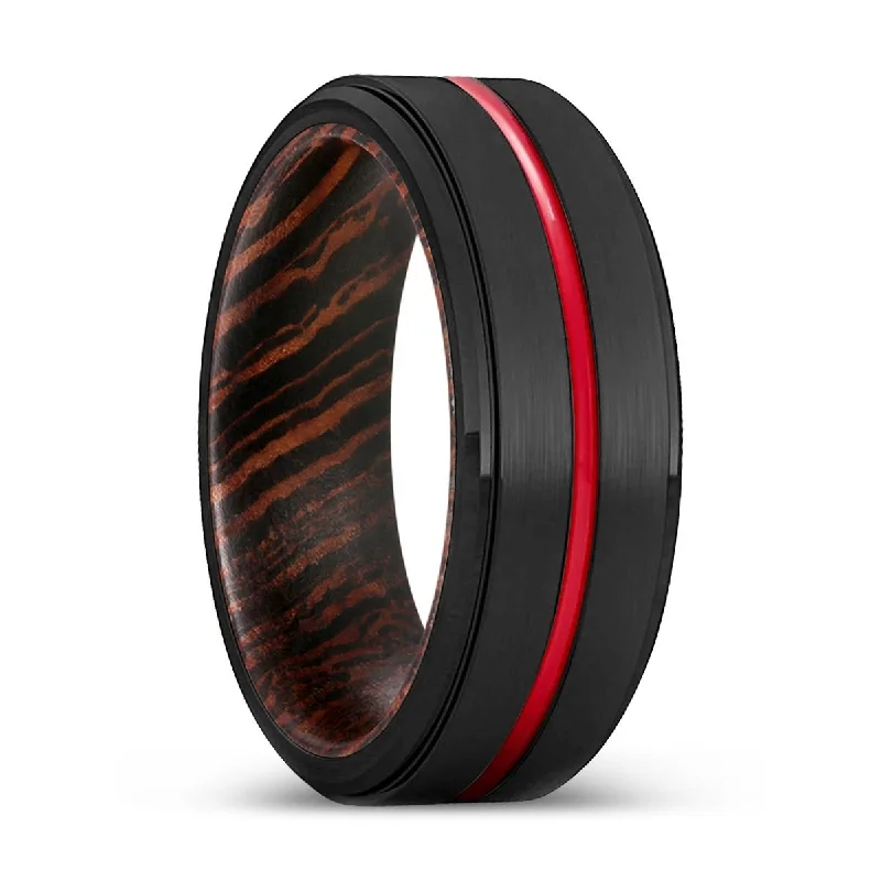 diamond rings for women-CHAPPIE | Wenge Wood, Black Tungsten Ring, Red Groove, Stepped Edge