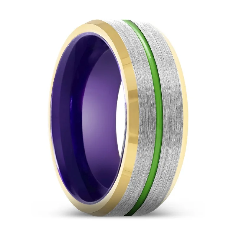 band rings for women-TEMPLAR | Purple Ring, Silver Tungsten Ring, Green Groove, Gold Beveled Edge