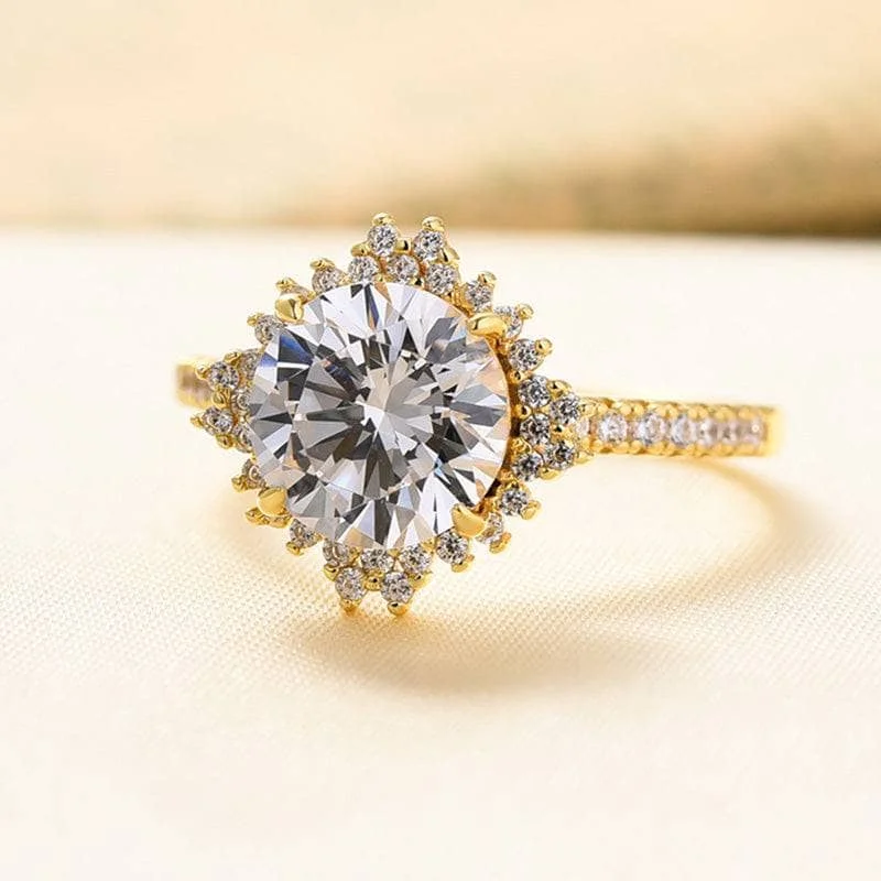 unique diamond engagement rings-Yellow Gold Flower Halo Round Cut Engagement Ring