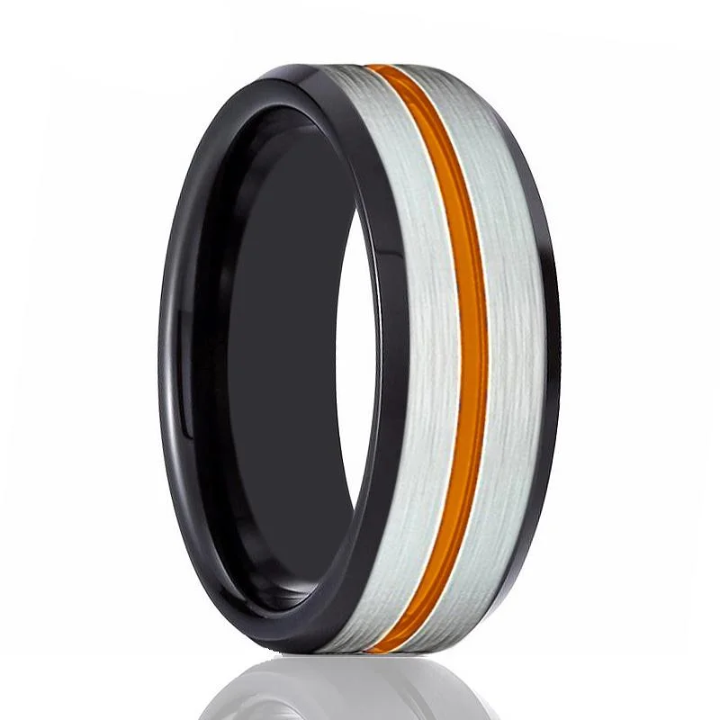 anniversary gemstone rings for women-ZORRO | Black Ring, Silver Brushed Orange Groove Black Beveled