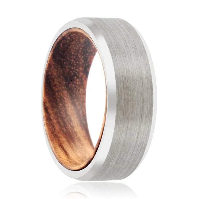 art deco rings for women-DIVINE | Zebra Wood, Silver Tungsten Ring, Brushed, Beveled