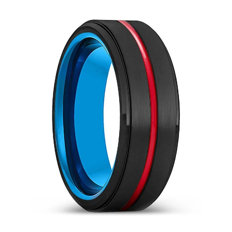 custom-made rings for women-STARSOUL | Blue Ring, Black Tungsten Ring, Red Groove, Stepped Edge