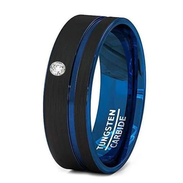 unique diamond rings for women-Mens Blue Grooved Center Tungsten Wedding Band With Cubic Zirconia Setting - 8 mm