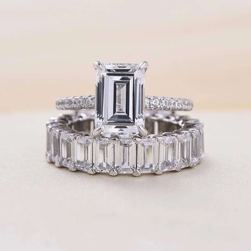 emerald engagement rings-Emerald Cut Engagement Ring and Wedding Band