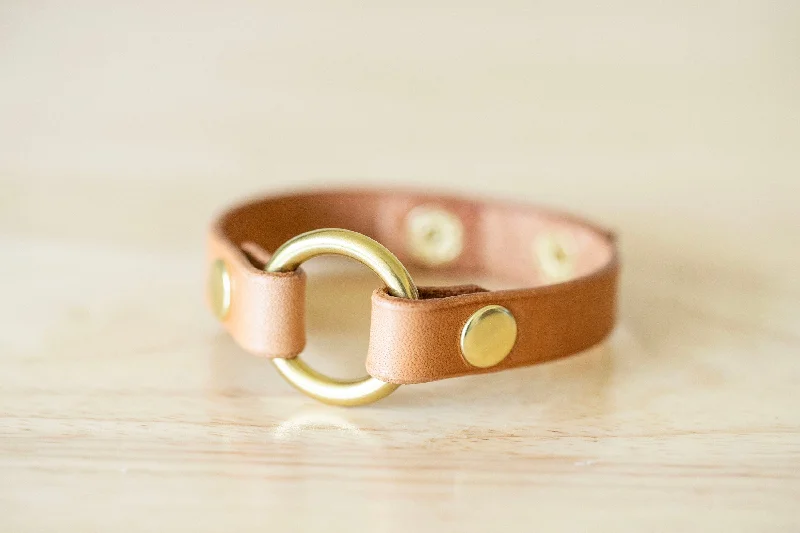 gold-plated bangles for women-Leather Ring Bracelet - Wedding Band Bracelet - Natural + Brass - Grief Memory Husband Wedding Ring Bracelet - Wear The Ring - Adjustable