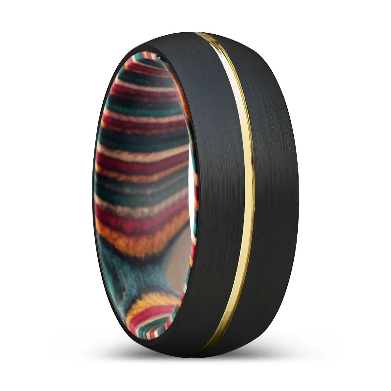 classic gold rings for women-ATAXIA | Multi Color Wood, Black Tungsten Ring, Gold Groove, Domed