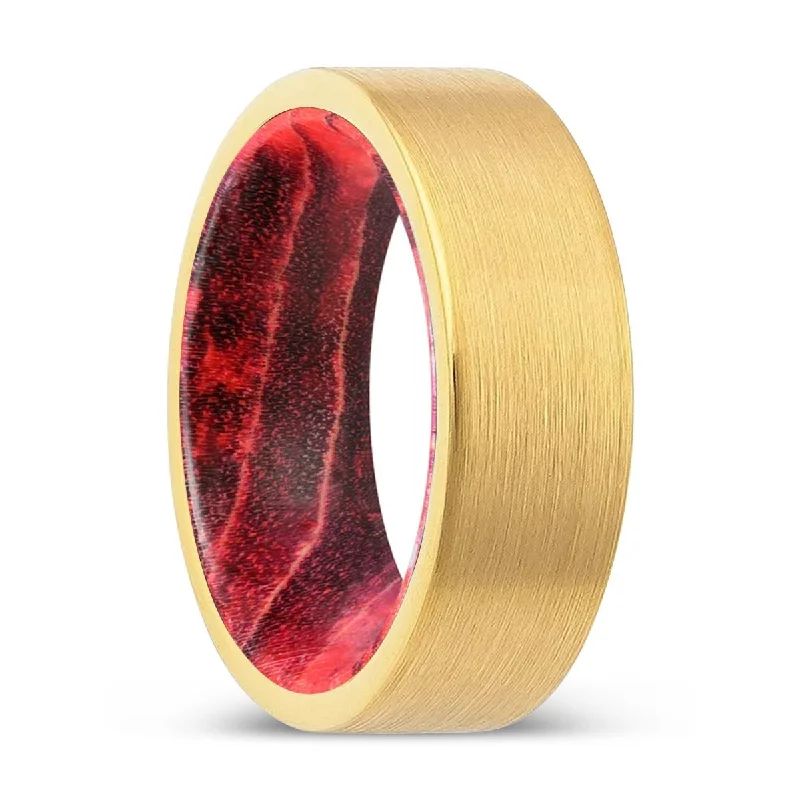 luxury wedding rings for women-WOODPINE | Black & Red Wood, Gold Tungsten Ring, Brushed, Flat