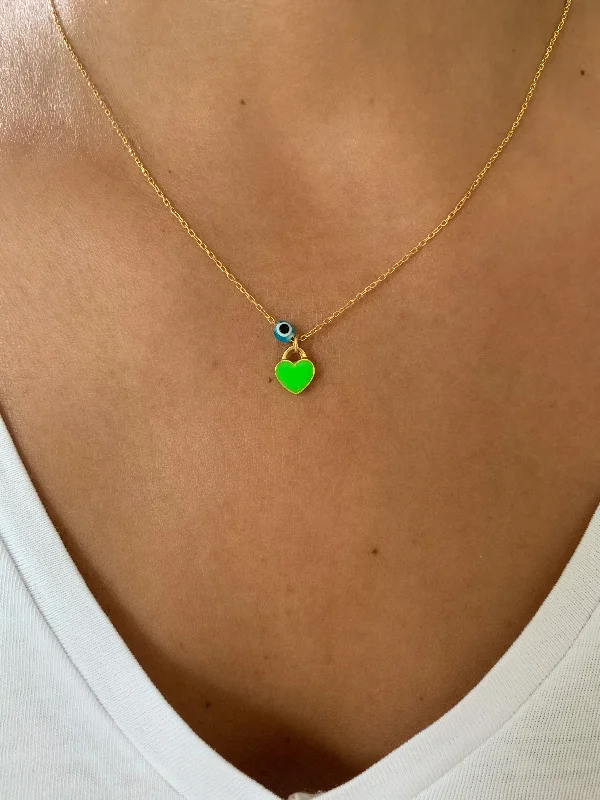 pearl necklaces for women-Lime Green Mini Enamel Heart Necklace