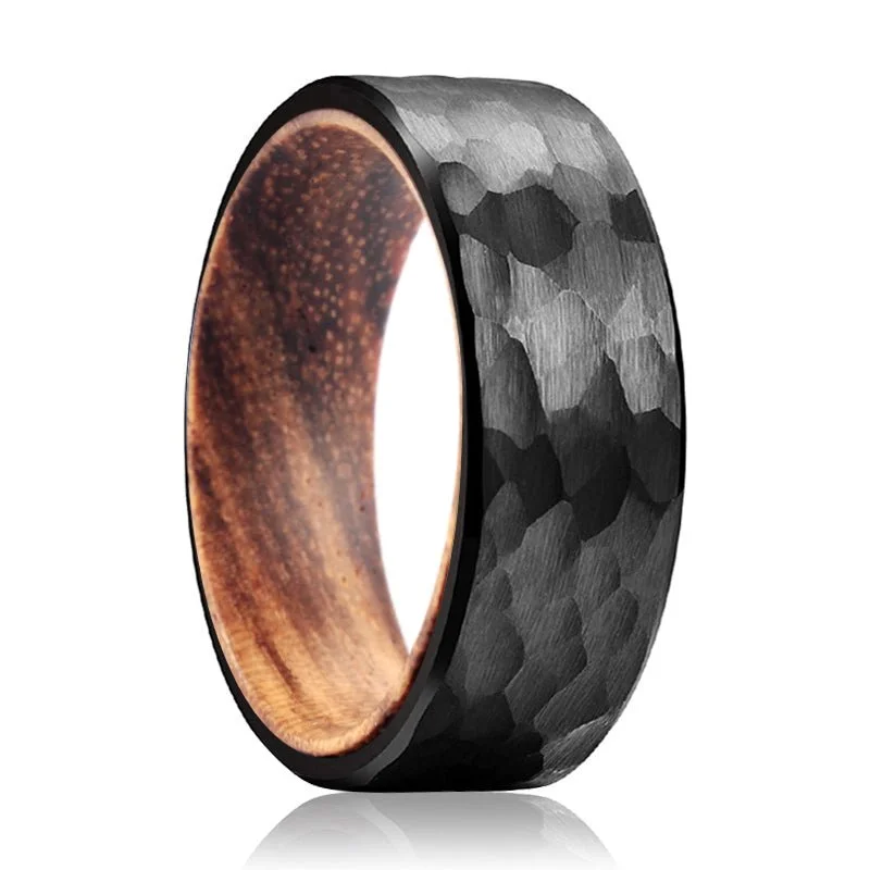 trendy rings for women-BENDTAIL | Zebra Wood, Black Tungsten Ring, Hammered, Flat