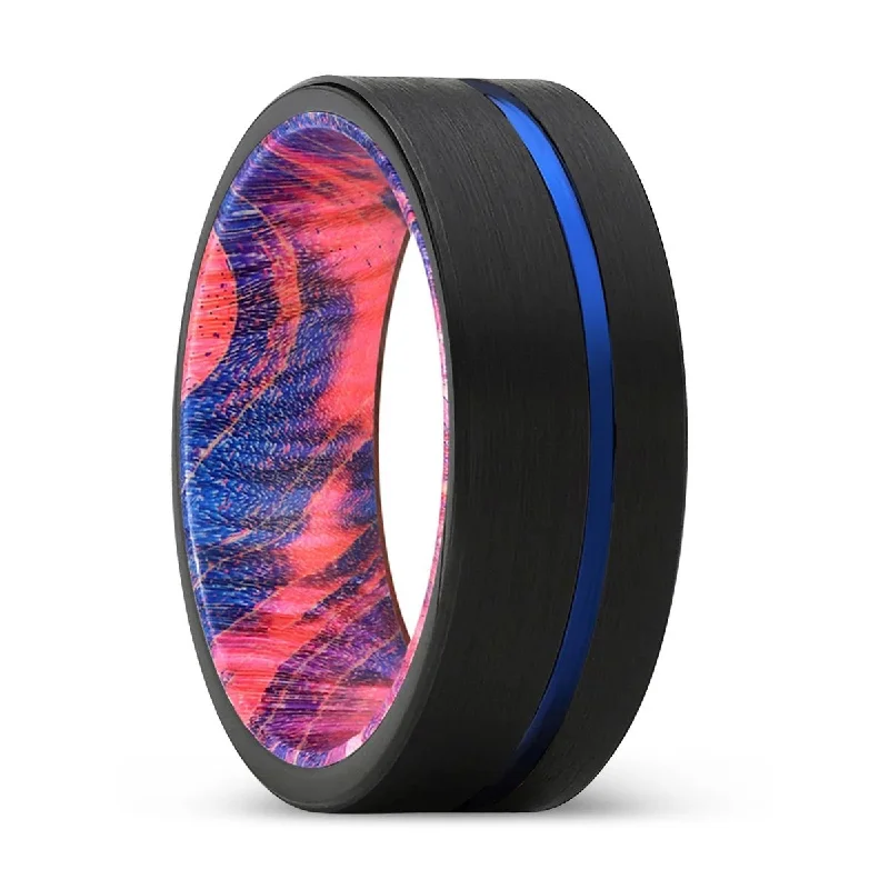 high-end engagement rings for women-ORPHIC | Blue & Red Wood, Black Tungsten Ring, Blue Offset Groove, Flat