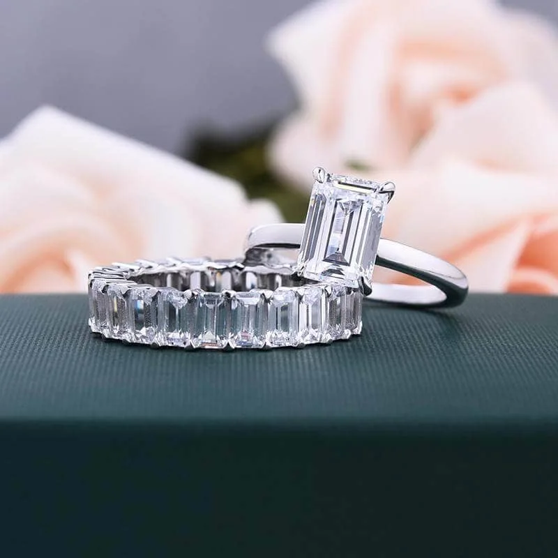 rose gold diamond engagement rings-Emerald Cut Solitaire Diamond Wedding Ring Set