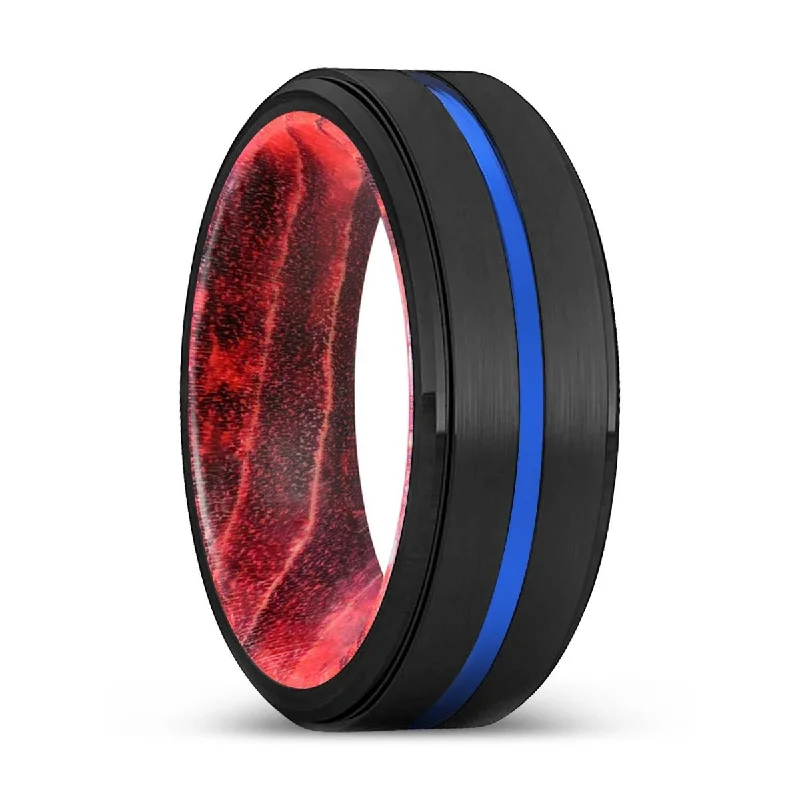 statement gemstone rings for women-VERTEX | Black & Red Wood, Black Tungsten Ring, Blue Groove, Stepped Edge