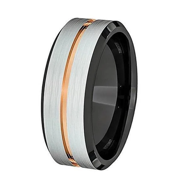 rose gold rings for women-Luca Mens Rose Gold Groove Tungsten Wedding Band With Black Inside- 6mm