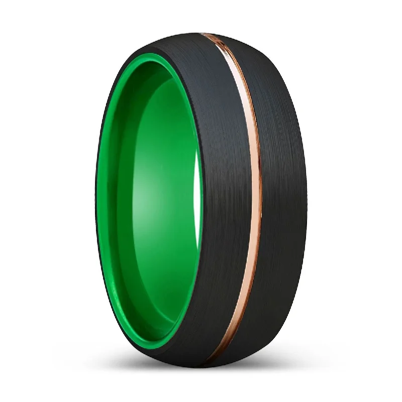 modern gold rings for women-OCELOT | Green Ring, Black Tungsten Ring, Rose Gold Groove, Domed