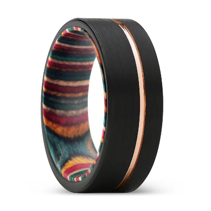 statement gemstone rings for women-BANSHEE | Multi Color Wood, Black Tungsten Ring, Rose Gold Offset Groove, Brushed, Flat