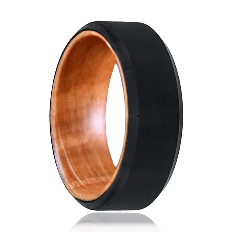 ruby rings for women-BOWMAN | Whiskey Barrel Wood, Black Tungsten Ring, Brushed, Beveled