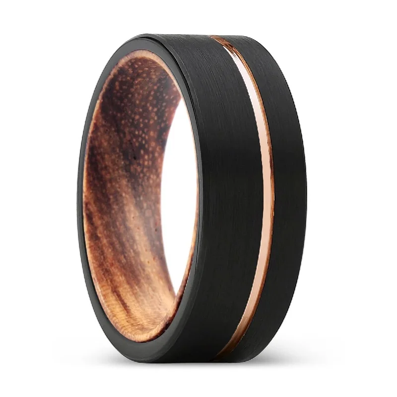 chic wedding bands for women-LUCID | Zebra Wood, Black Tungsten Ring, Rose Gold Offset Groove, Brushed, Flat