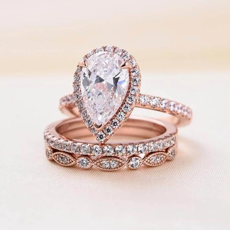 custom halo engagement rings-10k Rose Gold Halo Pear Cut Diamond 3pcs Wedding Ring Set