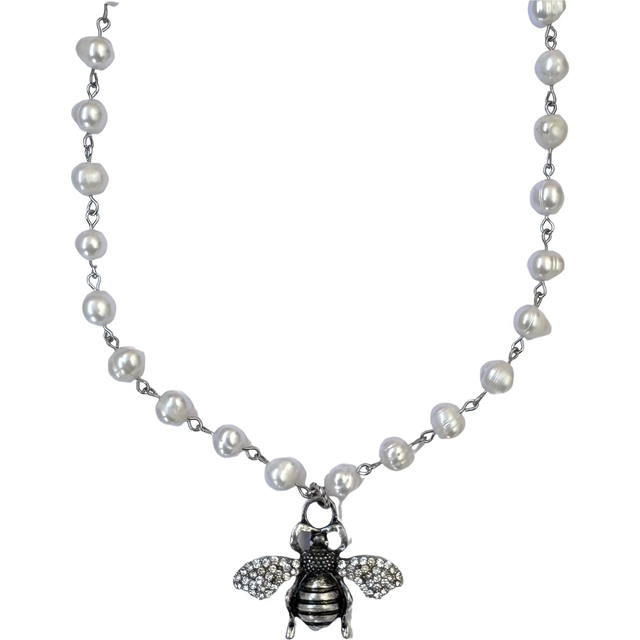 gemstone drop necklaces for women-Honey Bee Pearl Necklace - Silver