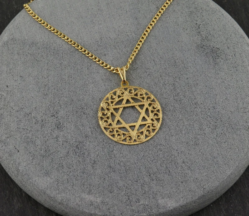 long necklaces for women-Gold Fancy Framed Star of David Necklace