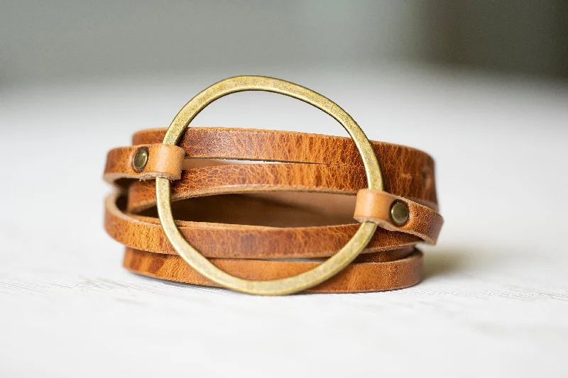 adjustable bangles for women-Womens Leather Bracelet Wrap | Multi-strand Boho Hoop Cuff | Rustic Walnut + Antique Brass | Handmade Jewelry Personalized Gift For Her