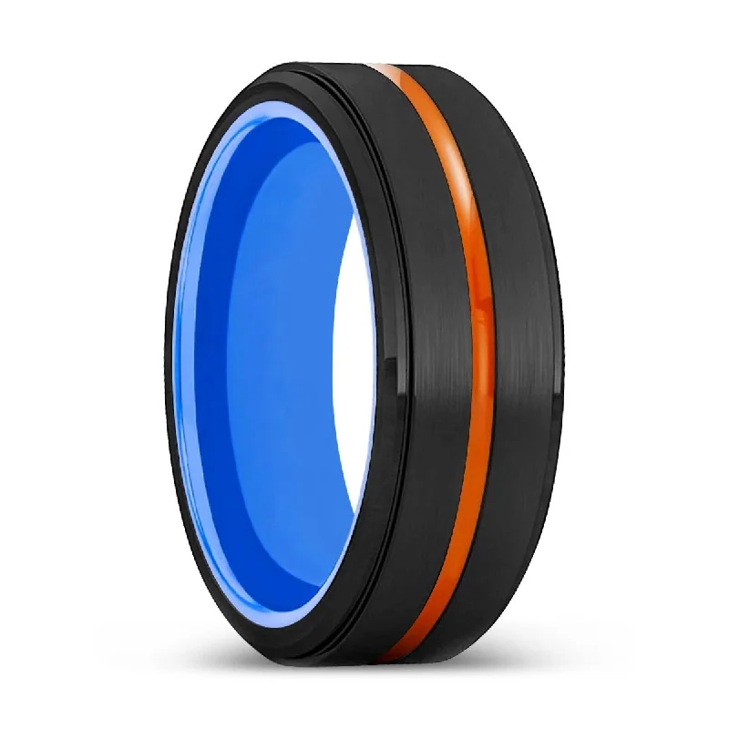 colorful rings for women-KILLEEN | Blue Ring, Black Tungsten Ring, Orange Groove, Stepped Edge