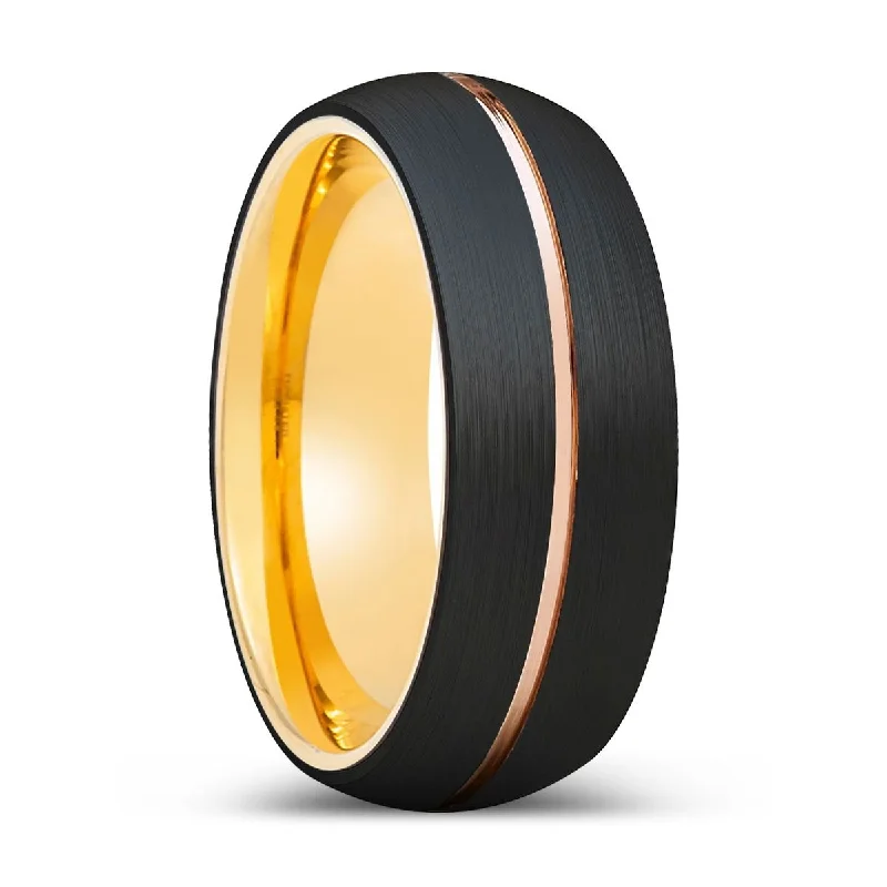 fashion rings for women-LUCENT | Gold Ring, Black Tungsten Ring, Rose Gold Groove, Domed