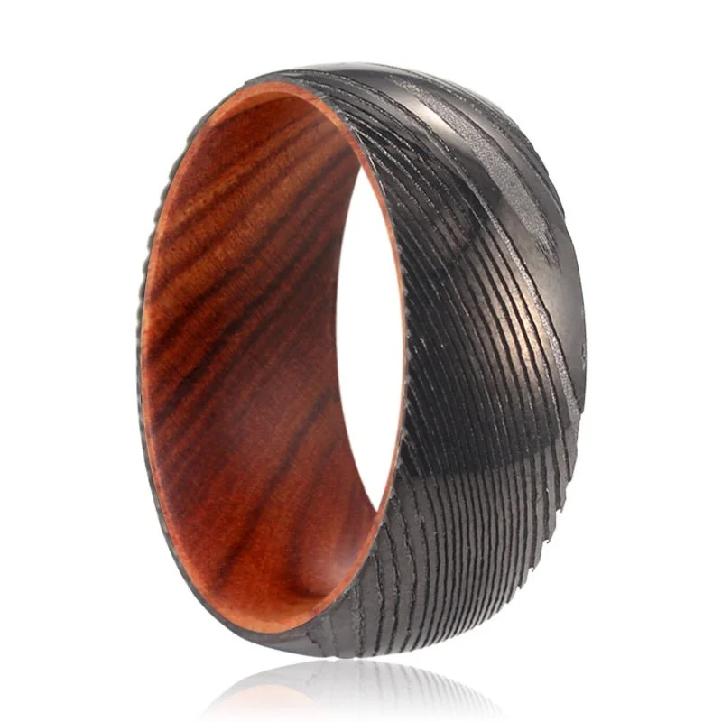 colorful rings for women-RINALDI | Iron Wood, Gunmetal Damascus Steel Ring, Domed