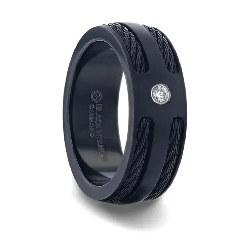 stackable gemstone rings for women-Black Rope Inlaid Black Titanium Ring with Diamond