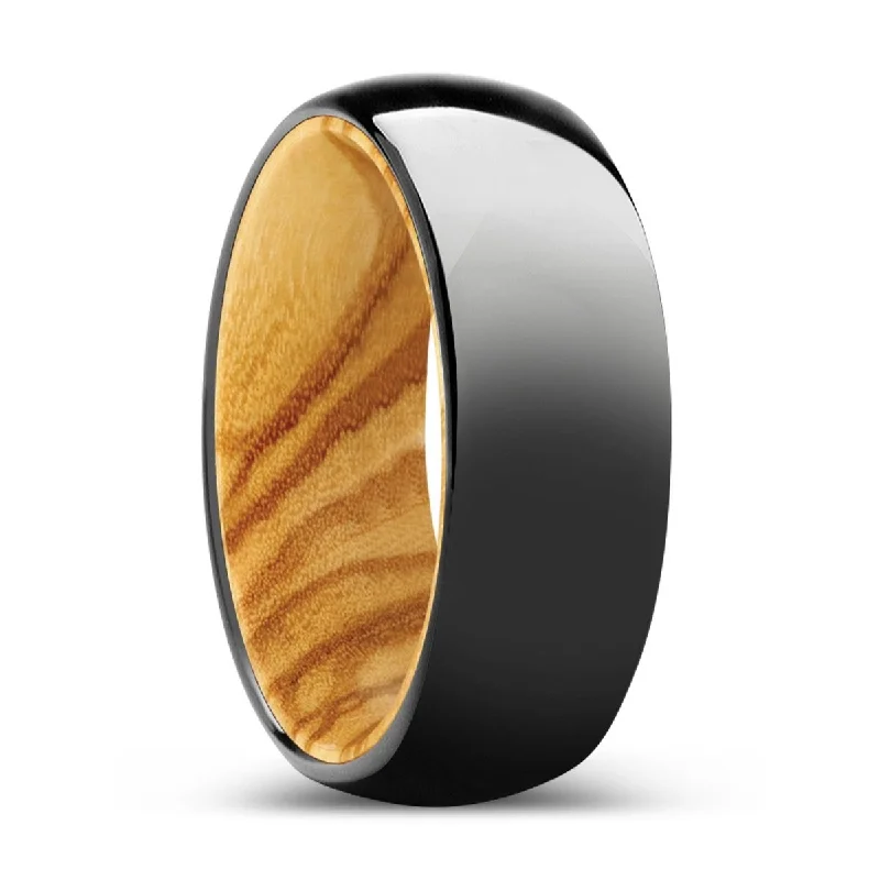 luxury gold bands for women-FORESTA | Olive Wood, Black Tungsten Ring, Shiny, Domed