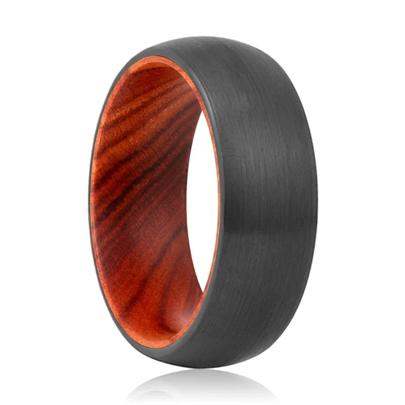 chic rings for women-DRURY | Iron Wood, Black Tungsten Ring, Brushed, Domed