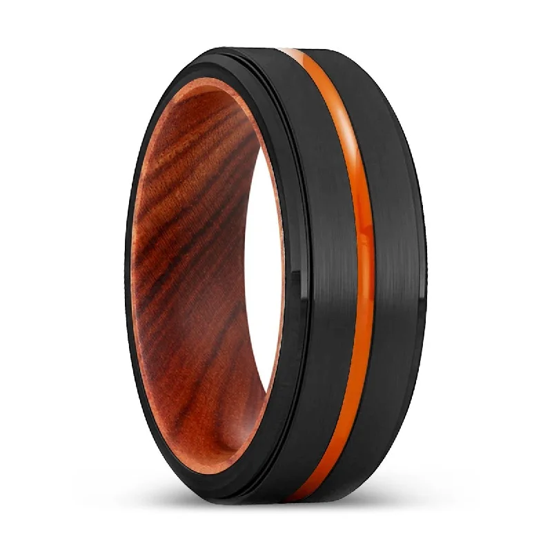 luxury gold rings for women-BOISE | IRON Wood, Black Tungsten Ring, Orange Groove, Stepped Edge