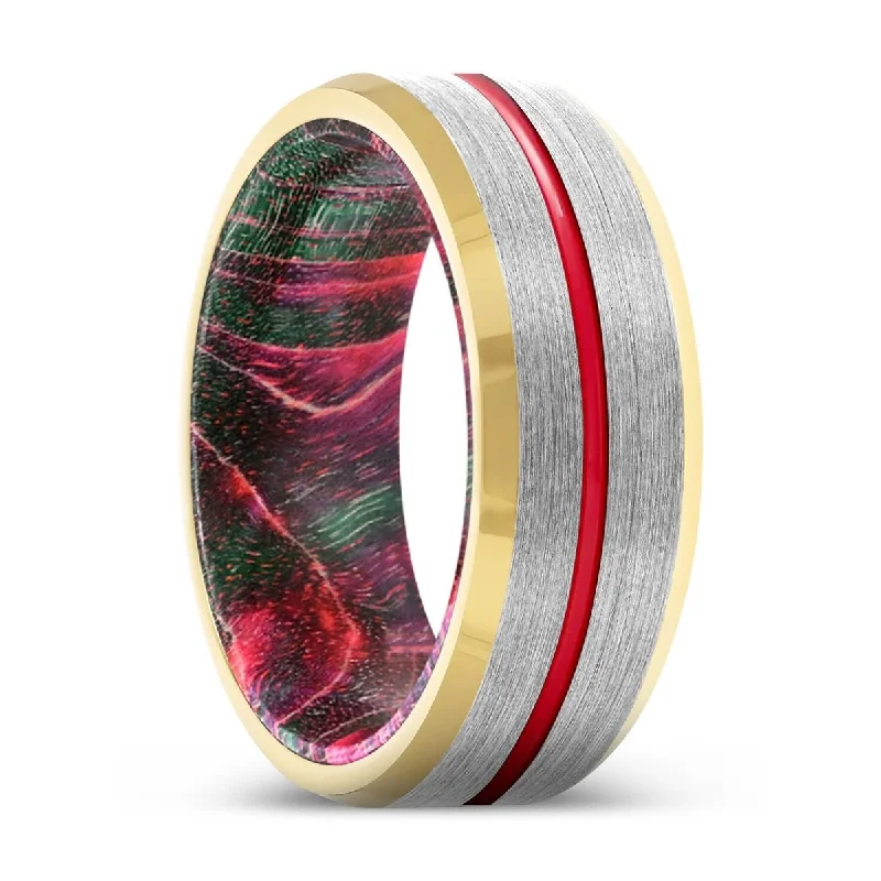 silver rings for women-RAZE | Green and Red Wood, Silver Tungsten Ring, Red Groove, Gold Beveled Edge